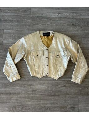 Vintage 80s Mirage Gold Leather Cropped Jacket S Metallic Glam Rock Moto